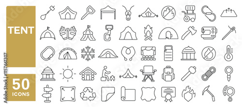 Set of 50 line icons related to tent, marquee, camp, event, roof, hike, outdoor, travel, carabiner, canopy, Editable stroke. Vector illustration