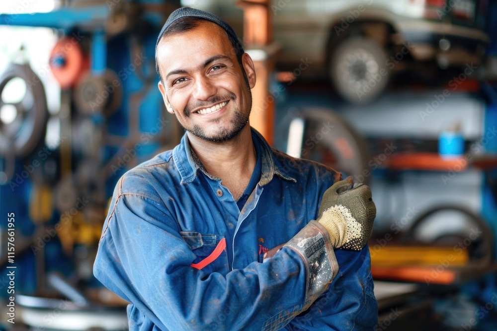 Mechanic smiling with crossed arms in auto repair shop Mechanic smiling with crossed arms in auto repair shop