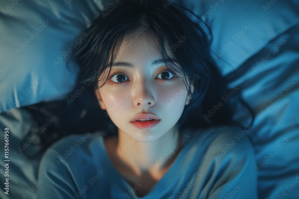Close-up alarm Young Asian woman have insomnia on the bed, Generative AI Close-up alarm Young Asian woman have insomnia on the bed, Generative AI