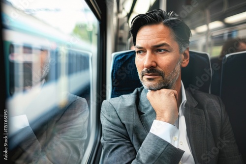 Thoughtful businessman looking through window traveling by train