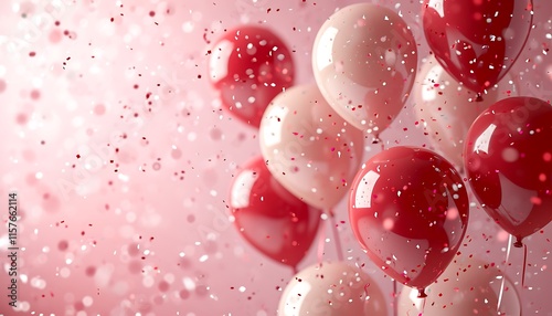 A cluster of vibrant red and white balloons floats against a soft, pink background, surrounded by a flurry of confetti, creating a festive and romantic atmosphere. photo