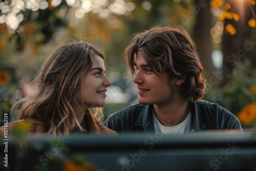 Young couple smiling and looking at each other while sitting on bench photo