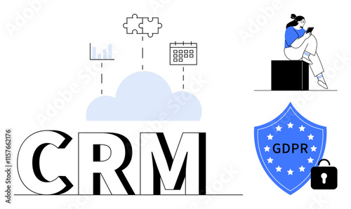 CRM text with cloud, data chart, puzzle piece, calendar, GDPR shield with lock, and person with a tablet. Ideal for customer relationship management, data analytics, security time management