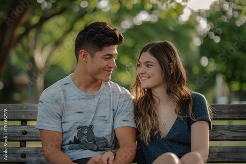 Young couple holding hands and looking at each other smiling