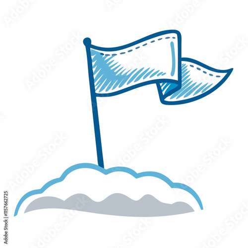 Blue flag on snowy hill in minimal style