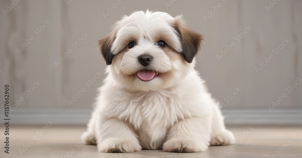 Adorable Havanese puppy sitting frontally with fluffy coat and joyful expression, fluffy, pup, dog Adorable Havanese puppy sitting frontally with fluffy coat and joyful expression, fluffy, pup, dog
