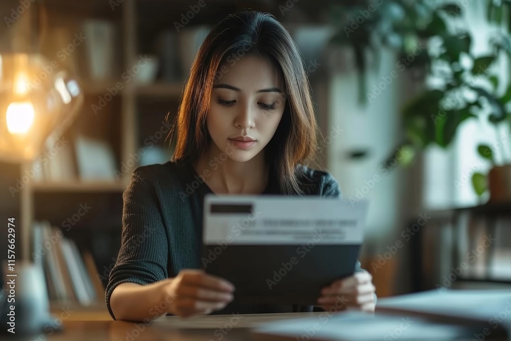 Young Asian woman looking at credit card invoice in her hands and worry about cash on bills payday, Generative AI Young Asian woman looking at credit card invoice in her hands and worry about cash on bills payday, Generative AI