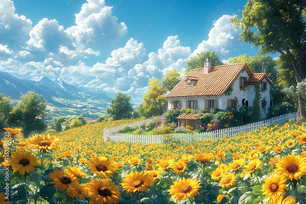 Fototapeta premium Charming bright country house with a white picket fence, lush green trees, vibrant flowers, and a sunny, cloudless blue sky, radiating idyllic countryside vibes