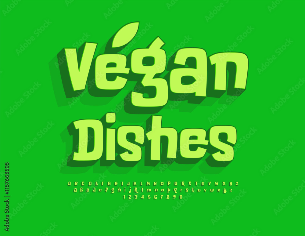Naklejka premium Vector natural Emblem Vegan Dishes. Eco Green 3D Font. Isometric Alphabet Letters and Numbers set