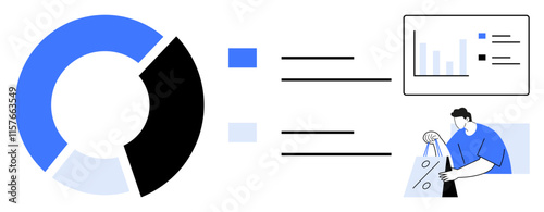 Pie chart and infographic elements illustrate data distribution and analysis. Person holding a shopping bag. Ideal for business presentations, marketing metrics, financial planning, retail analysis