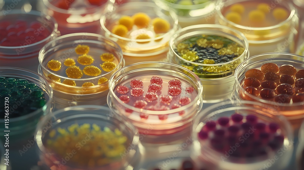 Variety of bacterial colonies and fungal cultures cultivated in multiple petri dishes within a sterile laboratory environment for microbiology research Variety of bacterial colonies and fungal cultures cultivated in multiple petri dishes within a sterile laboratory environment for microbiology research