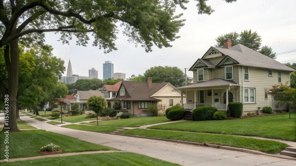 View of Suburban Single Family Homes With City Skyline in the Background on a Quiet Neighborhood Street. Generative AI View of Suburban Single Family Homes With City Skyline in the Background on a Quiet Neighborhood Street. Generative AI