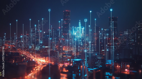 Wallpaper Mural Smart digital Innovation city with connection network reciprocity over the cityscape. of future smart wireless digital city and social media networking systems that connects people with in city Torontodigital.ca