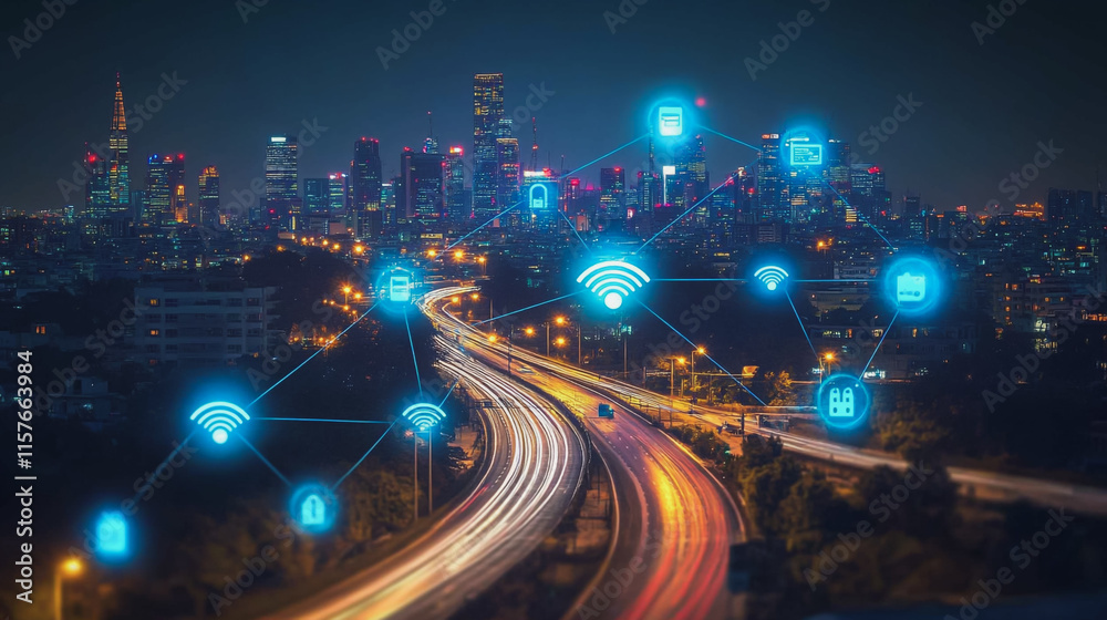 Fototapeta premium Smart digital Innovation city with connection network reciprocity over the cityscape. of future smart wireless digital city and social media networking systems that connects people with in city