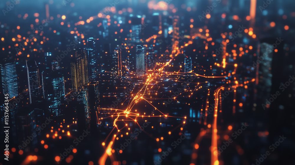 Obraz premium Smart digital Innovation city with connection network reciprocity over the cityscape. of future smart wireless digital city and social media networking systems that connects people with in city