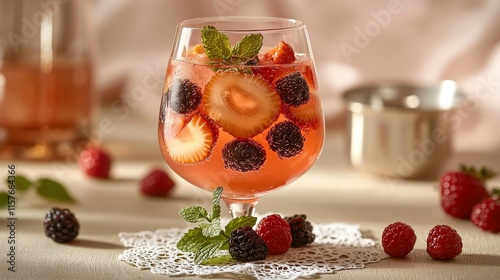 Refreshing berry and mint infused beverage with fresh strawberries and blackberries photo