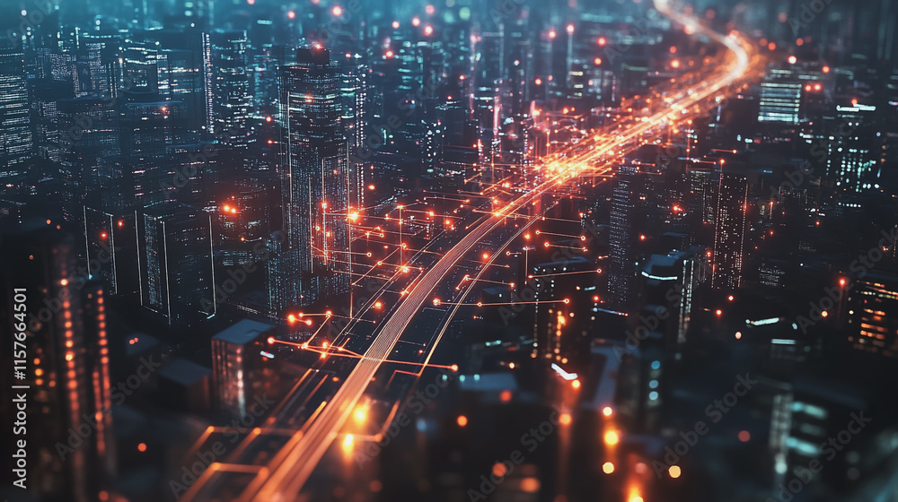 Smart digital Innovation city with connection network reciprocity over the cityscape. of future smart wireless digital city and social media networking systems that connects people with in city Smart digital Innovation city with connection network reciprocity over the cityscape. of future smart wireless digital city and social media networking systems that connects people with in city