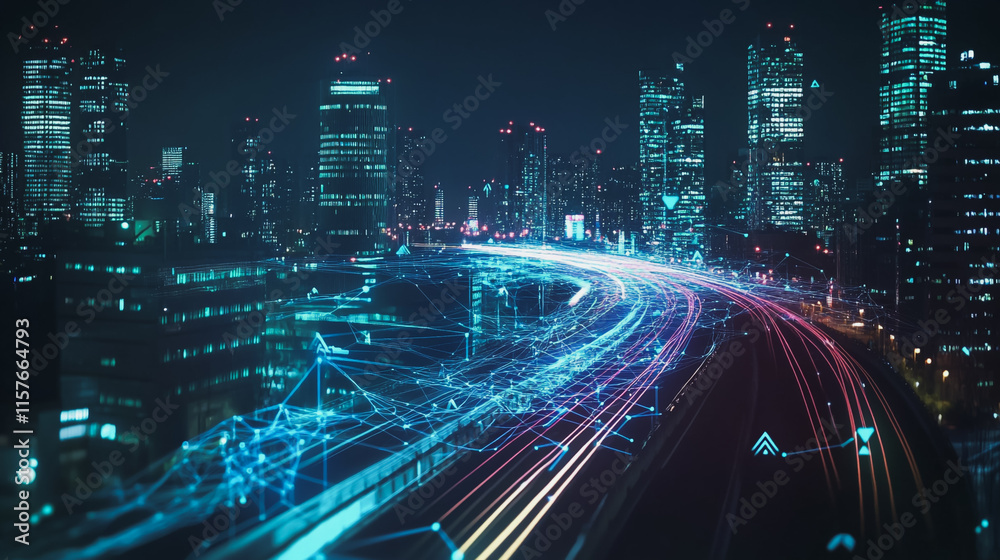 Fototapeta premium Smart digital Innovation city with connection network reciprocity over the cityscape. of future smart wireless digital city and social media networking systems that connects people with in city