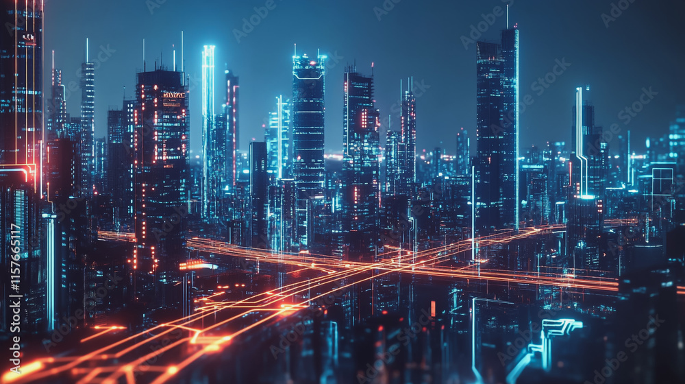 Fototapeta premium Smart digital Innovation city with connection network reciprocity over the cityscape. of future smart wireless digital city and social media networking systems that connects people with in city