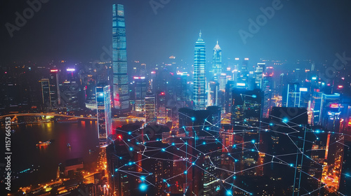 Wallpaper Mural Smart digital Innovation city with connection network reciprocity over the cityscape. of future smart wireless digital city and social media networking systems that connects people with in city Torontodigital.ca