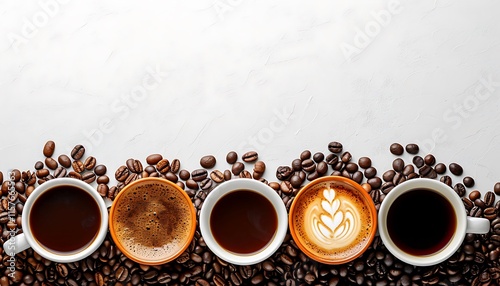 A row of coffee cups showcasing various brews, including a latte with intricate foam art, sits atop a bed of roasted coffee beans on a light-colored surface. Background photo