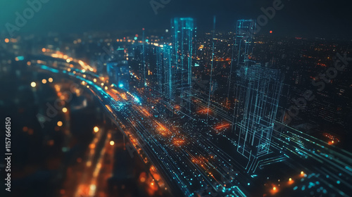 Smart digital Innovation city with connection network reciprocity over the cityscape. of future smart wireless digital city and social media networking systems that connects people with in city photo