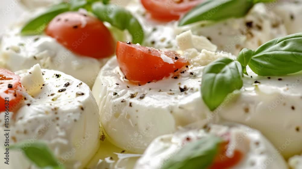 close up of mozzarella cheese balls with basil leaves