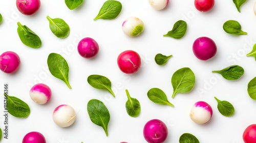 Wallpaper Mural Vibrant Radishes and Spinach Pattern - Fresh radishes, vibrant colors, healthy eating, spring harvest,  vegetable pattern. Torontodigital.ca
