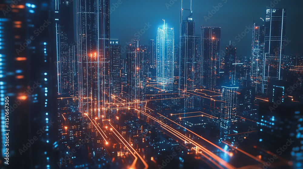 Smart digital Innovation city with connection network reciprocity over the cityscape. of future smart wireless digital city and social media networking systems that connects people with in city Smart digital Innovation city with connection network reciprocity over the cityscape. of future smart wireless digital city and social media networking systems that connects people with in city