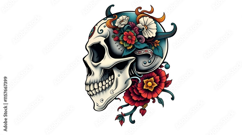 Fototapeta premium tattoo style skull with wings and flowers in bold colors representing freedom and beauty against a white background