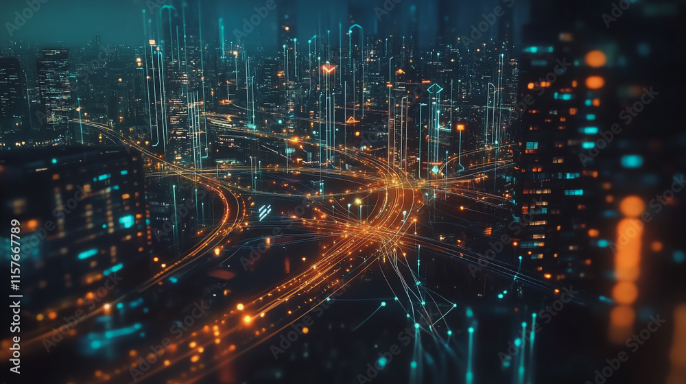 Smart digital Innovation city with connection network reciprocity over the cityscape. of future smart wireless digital city and social media networking systems that connects people with in city Smart digital Innovation city with connection network reciprocity over the cityscape. of future smart wireless digital city and social media networking systems that connects people with in city