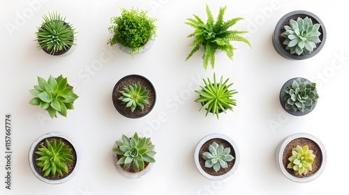 Twelve potted succulents and a fern arranged in a grid pattern on a white background.  A collection of different types of plants in simple pots. Top view. photo