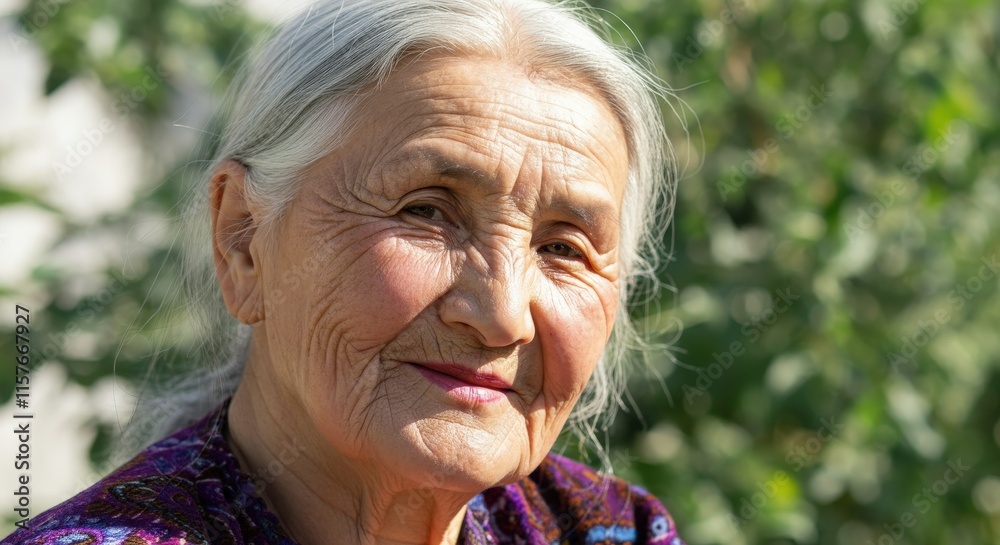 Elderly asian woman smiling in sunlit garden portrait for cultural representation concepts Elderly asian woman smiling in sunlit garden portrait for cultural representation concepts