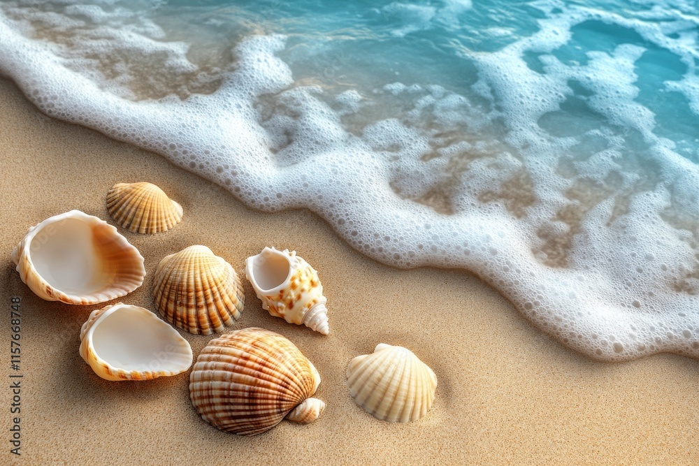 Seashells resting on sandy beach with gentle waves under a clear blue sky during daytime Seashells resting on sandy beach with gentle waves under a clear blue sky during daytime