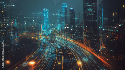 Smart digital Innovation city with connection network reciprocity over the cityscape. of future smart wireless digital city and social media networking systems that connects people with in city