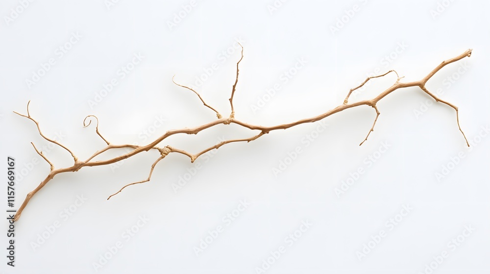 Single, light brown, dried branch with intricate details isolated on a white background. Perfect for minimalist, nature-themed designs or craft projects. Single, light brown, dried branch with intricate details isolated on a white background. Perfect for minimalist, nature-themed designs or craft projects.