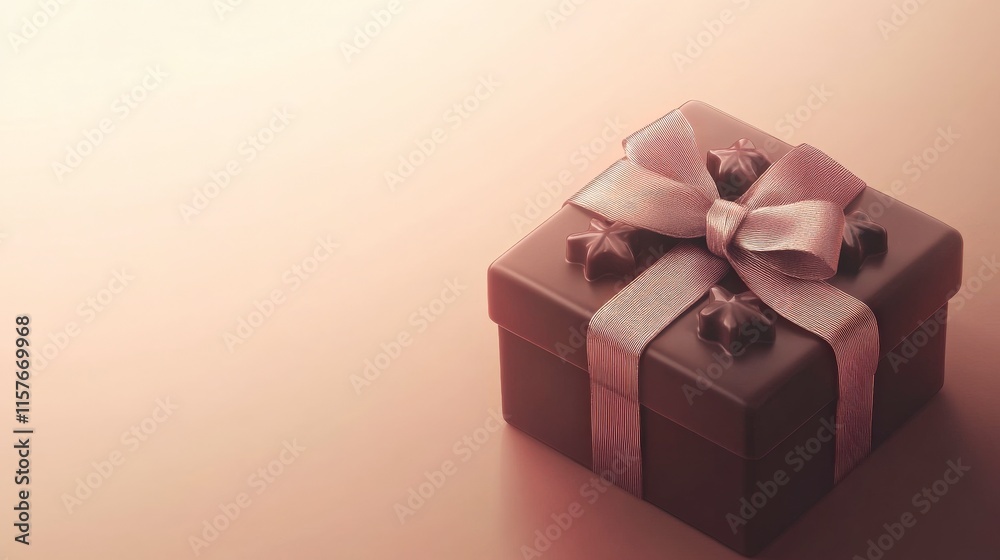 Elegant Chocolate Gift Box with Satin Ribbon and Star Decorations on Soft Gradient Background, Perfect for Celebrations and Special Occasions Elegant Chocolate Gift Box with Satin Ribbon and Star Decorations on Soft Gradient Background, Perfect for Celebrations and Special Occasions