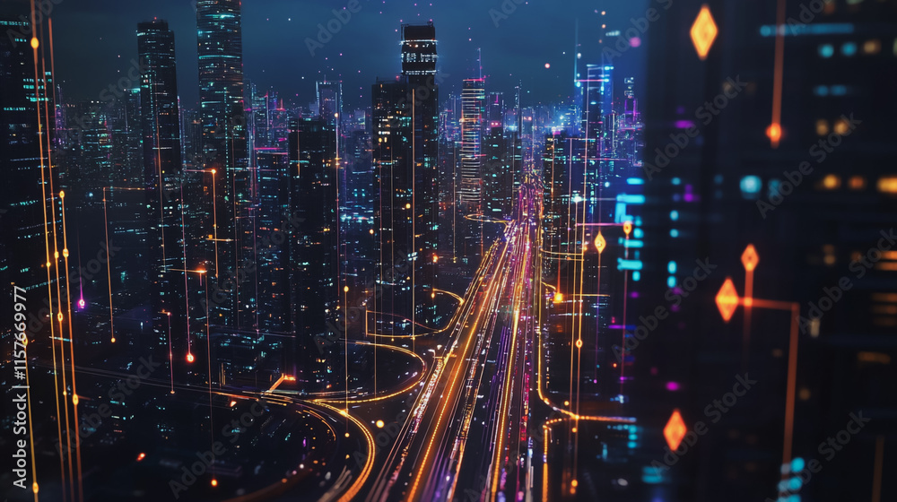 Fototapeta premium Smart digital Innovation city with connection network reciprocity over the cityscape. of future smart wireless digital city and social media networking systems that connects people with in city