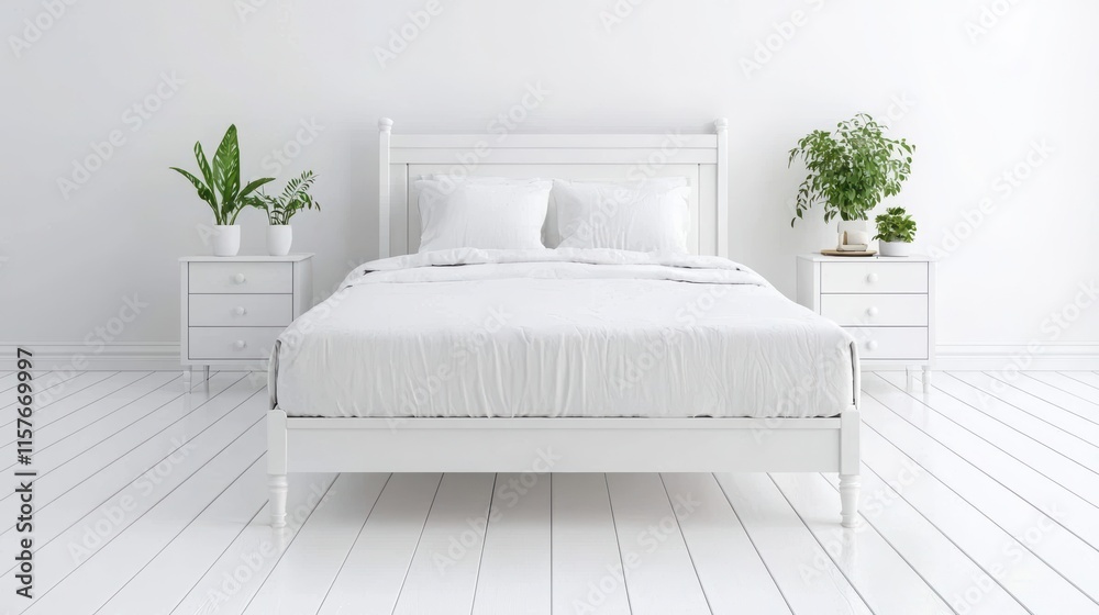 Bright and minimalistic bedroom with white bedding and greenery, perfect for relaxation and tranquility. Bright and minimalistic bedroom with white bedding and greenery, perfect for relaxation and tranquility.