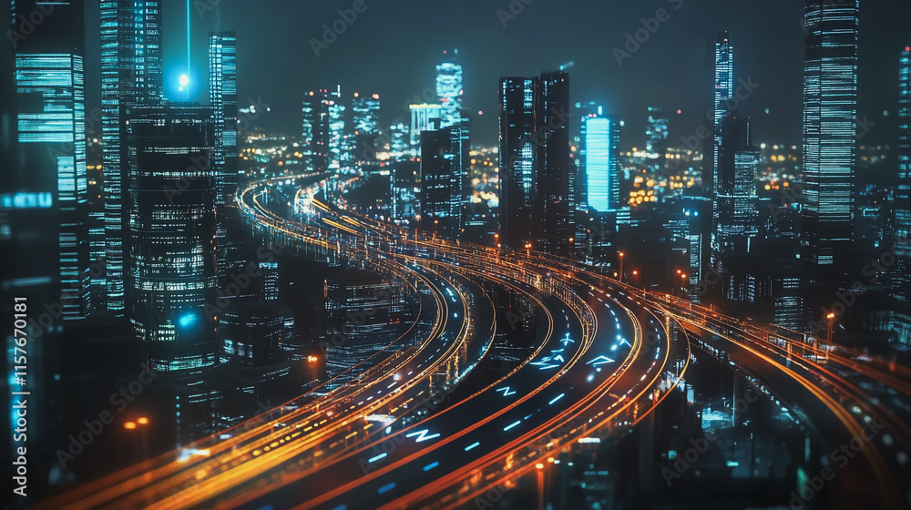 Fototapeta premium Smart digital Innovation city with connection network reciprocity over the cityscape. of future smart wireless digital city and social media networking systems that connects people with in city