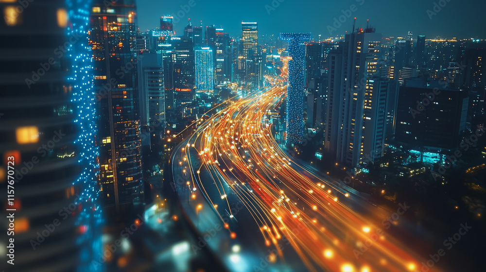 Obraz premium Smart digital Innovation city with connection network reciprocity over the cityscape. of future smart wireless digital city and social media networking systems that connects people with in city