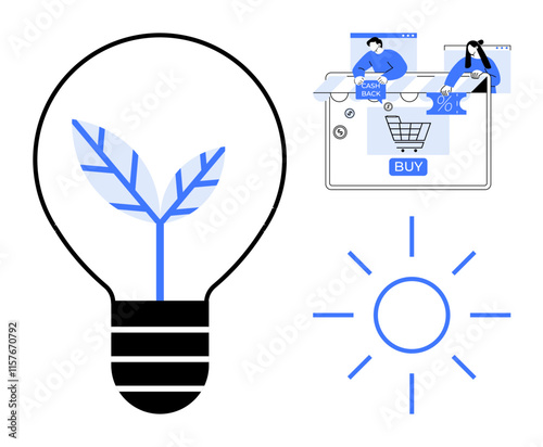 Light bulb with plant, e-commerce interaction, and sun icon emphasize sustainability and digital commerce. Ideal for green technology, digital marketing, e-commerce, renewable energy, innovation photo