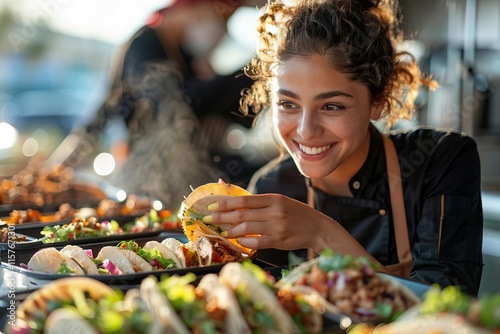 Fototapeta Naklejka Na Ścianę i Meble -  Close-up shot of a Hispanic woman chef preparing and sampling tacos at a food truck.