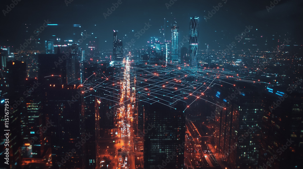 Fototapeta premium Smart digital Innovation city with connection network reciprocity over the cityscape. of future smart wireless digital city and social media networking systems that connects people with in city