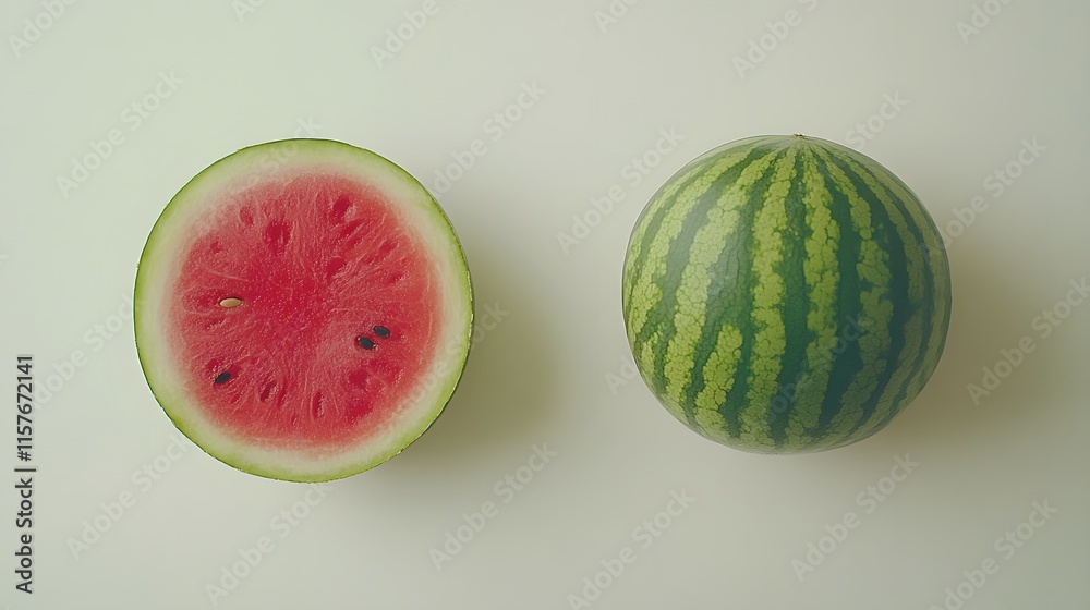 A whole watermelon and a half of a watermelon on a white background. Perfect for summer themes, healthy eating, or food blogs. A whole watermelon and a half of a watermelon on a white background. Perfect for summer themes, healthy eating, or food blogs.