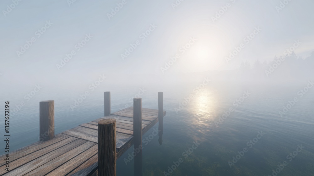 Serene Foggy Morning at Lake with Wooden Dock Under Soft Sunlight Serene Foggy Morning at Lake with Wooden Dock Under Soft Sunlight