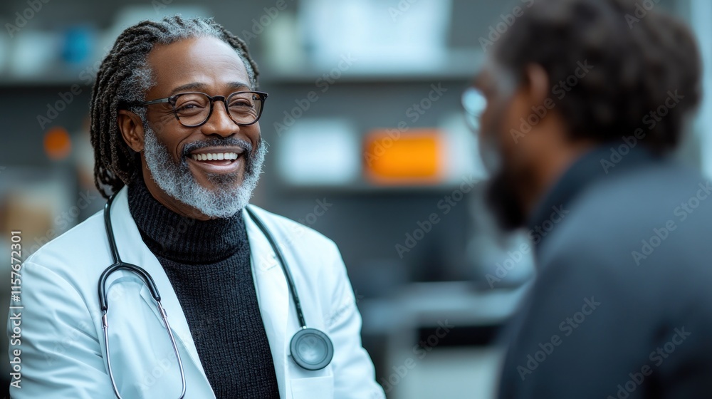 A smiling doctor interacts with a patient in a healthcare setting. A smiling doctor interacts with a patient in a healthcare setting.