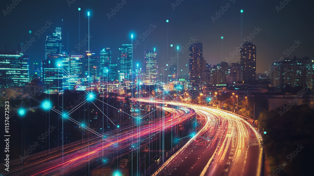 Smart digital Innovation city with connection network reciprocity over the cityscape. of future smart wireless digital city and social media networking systems that connects people with in city Smart digital Innovation city with connection network reciprocity over the cityscape. of future smart wireless digital city and social media networking systems that connects people with in city