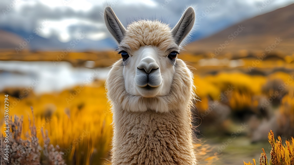 Obraz premium Close-up portrait of a fluffy white alpaca staring directly at the camera, set against a backdrop of yellow-gold grasses and a tranquil mountain river.