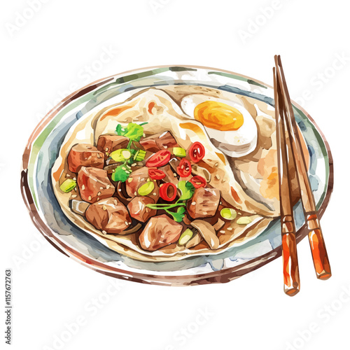 A watercolor of Chinese Moo Shu pork with pancakes, isolated on a white background. Moo Shu pork vector.

